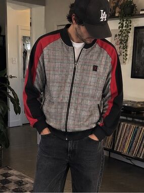 Marc Ecko Black and Red Plaid Zip-Up Bomber